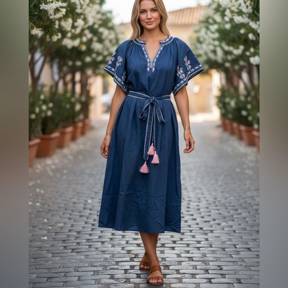 $269 Ex Voto Bri Embroidered cotton dress in starglazer blue NWT